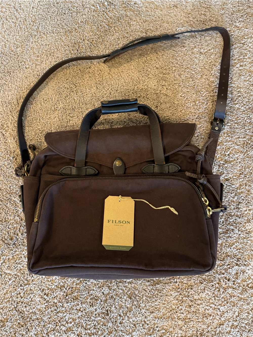 Filson Padded Computer Briefcase Brown Rugged Twill Leather Made in USA